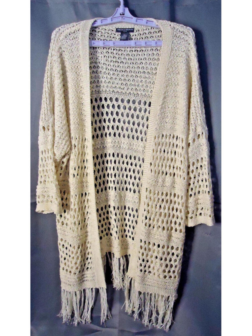 Chelsea &Theodore Open Weave Crocheted Long Cardigan Boho Fringe 2X Ivory
